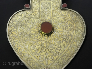 RARE ! LARGE ! Antique Turkmen / Turkoman Silver ASyk Pendant Fine Gilded with Carnelian. İskendery Design Great Condition Turkmen Wedding Silver Jewelry & Wall Hanging Jewelery. The back of this necklace  ...