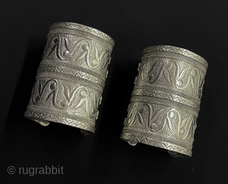 Central- Asian Antique Pair of Turkmen - Yomud Talismanic Silver Wedding Bracelets & Cuff Bracelets. This Pair of Bracelets has been Cleaned with Silver Polish. Great Condition . Size - ''9.5 cm  ...