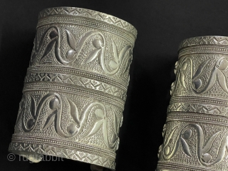 Central- Asian Antique Pair of Turkmen - Yomud Talismanic Silver Wedding Bracelets & Cuff Bracelets. This Pair of Bracelets has been Cleaned with Silver Polish. Great Condition . Size - ''9.5 cm  ...