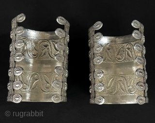 Central- Asian Antique Pair of Turkmen - Yomud Talismanic Silver Wedding Bracelets & Cuff Bracelets. This Pair of Bracelets has been Cleaned with Silver Polish. Great Condition . Size - ''9.5 cm  ...