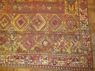 Moroccan Rabat Corridor Carpet, exceptional natural colors including vibrant yellow and several hues of green. corroded cochineal field has areas of kasmiring that are visible from the back. An enigmatic rendering of  ...
