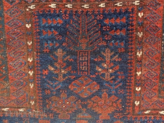 An early Timuri, Baluch prayer rug. Ca. 19th century. A finely woven blue ground prayer of exceedingly rare type.  The wool quality along with very well saturated dyes and elaborately detailed  ...