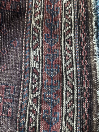 An early Baluch rug, 3'7" X 5' remnants of Killim on both ends. Old overcast on the sides. Extremely glossy and deeply saturated with great dyes pashmina wool pile. Finely knotted as  ...