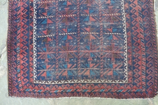Antique Baluch Prayer Rug. 43 x 36  inches. Square-ish format. Beautiful rug and colors. Low pile. Small losses to edges and ends.          
