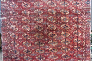 Akhal oasis Tekke around 1800 almost identical copyin book of Elena Tsareva 
Turkmen Carpets page 54 Illustration 28 
with strong signs of use.
Size: 193x188cm         
