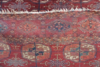 Akhal oasis Tekke around 1800 almost identical copyin book of Elena Tsareva 
Turkmen Carpets page 54 Illustration 28 
with strong signs of use.
Size: 193x188cm         