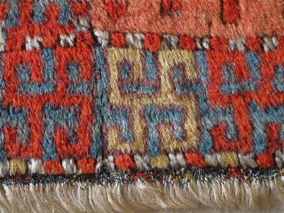 East Anatolian Kurdish Rug, Great Colors, especially the purple ground, Great Wool, blue wefted with traces of brocaded ends at the bottom. Great graphic quality. Very good age, fragmented and mounted. There  ...