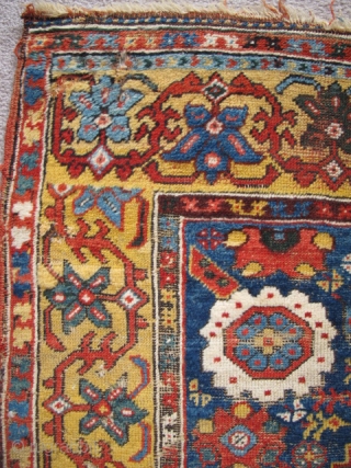 Kula type rug, (or at least it appears so at first glance) Intensely saturated colors including two yellows, at least three blues and four greens. Lots of lazy lines. The border is  ...