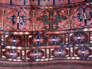 Ersari or Kizyl Ayak Ensi, Very soft wool, interesting drawing, natural colors. Field madder color seems slightly corrosive, browns are un-dyed wool. 2 chord goat hair selvedge and kilim ends are mostly  ...