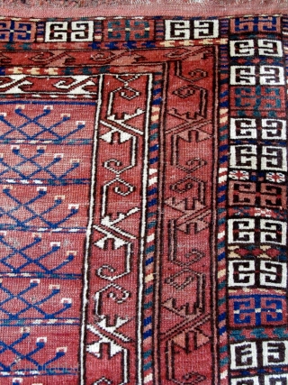Ersari or Kizyl Ayak Ensi, Very soft wool, interesting drawing, natural colors. Field madder color seems slightly corrosive, browns are un-dyed wool. 2 chord goat hair selvedge and kilim ends are mostly  ...