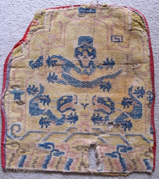 Chinese Ningxia throne back with dragons. This piece has been lined with some red velvet and the crenelations around the top have been backed. (Probably done in Tibet?) 65x59cm 2'1"x1'11"   