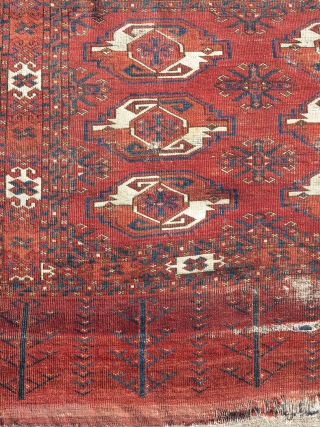 Oldest of this type around. Large Kizyl Ayak Turkmen chuval, very old with a great weave, floppy handle, great spacing, and rich saturated colors. a portion of the grey flatwoven back is  ...