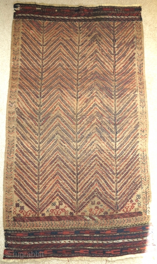 Baluch flatwoven sofreh, camel-ground with a field of repeat abstracted trees. A couple of silk highlights. Nice ends with some weft float. The piece is cut and shut at the the top  ...