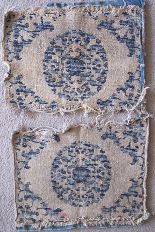 Pair of Small Chinese Ningxia Squares with Roundels. Almost dainty, nicely drawn with two blues. Warp is hand-spun cotton. Weft is a combination of hand-spun cotton and wool. (Each square measures apx.  ...