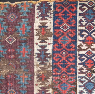 Super Purple Kilim-Design Anatolian Pile Fragment. Old and wonderful with top color. (size is about 4'0"x3'4".) This piece is mounted and conserved against black fabric. (The photo is a bit washed but  ...