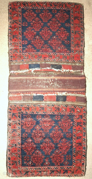 Pair of complete green-ground Baluch khorjin. Western Afghanistan, color is really good and difficult to capture. Subtle idiosyncratic drawing improvisations throughout. Great colorful striped flatwoven back       