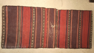 Pair of complete green-ground Baluch khorjin. Western Afghanistan, color is really good and difficult to capture. Subtle idiosyncratic drawing improvisations throughout. Great colorful striped flatwoven back       