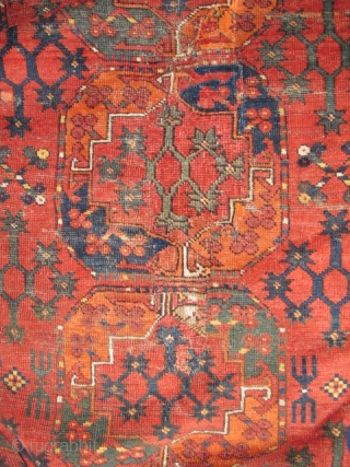 Ersari Main Carpet with Guli-Guls. Quirky drawing of field elements, good reciprocal spaces and nice colors including two different slate or olive greens. It is very difficult for my camera to represent  ...