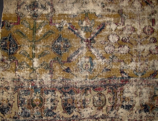 17th century Yellow-Ground Classical Fragment with Magnificent Flowering Plants. most likely Indian or Safavid Eastern Persian. (52"x44" / 132x112cm) There is obvious wear which is magnified in these images.    