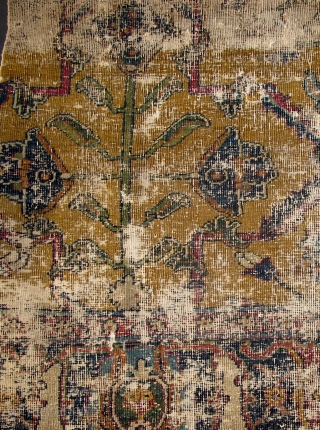 17th century Yellow-Ground Classical Fragment with Magnificent Flowering Plants. most likely Indian or Safavid Eastern Persian. (52"x44" / 132x112cm) There is obvious wear which is magnified in these images.    