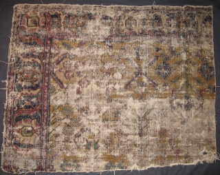 17th century Yellow-Ground Classical Fragment with Magnificent Flowering Plants. most likely Indian or Safavid Eastern Persian. (52"x44" / 132x112cm) There is obvious wear which is magnified in these images.    