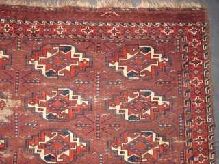 Yomut Turkmen Chuval, Bold, beautifully drawn guls, delicate minors, symmetrically knotted with wool and cotton wefting. Great handle and back. some condition issues.          