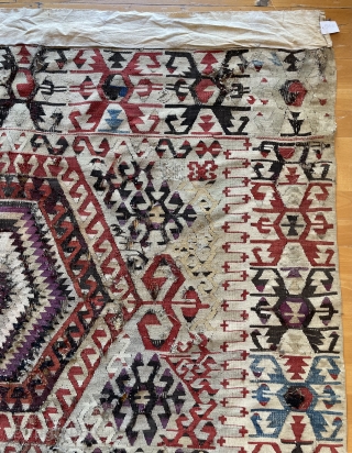 ANTIQUE 19 CENTURY , DOUBLE IVORY FIELD AND BORDER, LOTS OF AUBERGINE PURPLE, OXIDATIONS, ULTRA RARE ANATOLIAN KILIM FIND, ANCIENT RESTORATIONS, SIGNS OF USE, WALL HANGING LOOPS.


Minimalist Design


All Wool


All Organic colors



161 x  ...