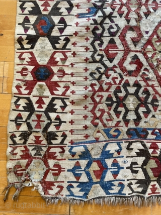 ANTIQUE 19 CENTURY , DOUBLE IVORY FIELD AND BORDER, LOTS OF AUBERGINE PURPLE, OXIDATIONS, ULTRA RARE ANATOLIAN KILIM FIND, ANCIENT RESTORATIONS, SIGNS OF USE, WALL HANGING LOOPS.


Minimalist Design


All Wool


All Organic colors



161 x  ...