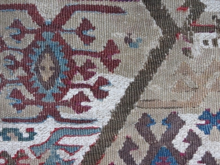 Eastanatolian kilimfragment, interesting coloring, cotton and wool, mounted on linen                       