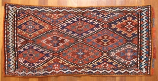 MAFRASH SIDE PANEL-- SPLENDID COLORS-SHAHSAVAN OR KURD,.  35 inches wide and about 17 inches high ( 89 cm x 44 cm).  Design in a weft wrapping technique, similar to sumac  ...