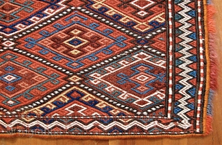 MAFRASH SIDE PANEL-- SPLENDID COLORS-SHAHSAVAN OR KURD,.  35 inches wide and about 17 inches high ( 89 cm x 44 cm).  Design in a weft wrapping technique, similar to sumac  ...