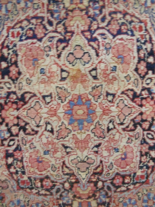 Kirman area rug - 54" x 30", beautiful drawing and great large scale medallion. Overall wear and could use cleaning and securing ends.          