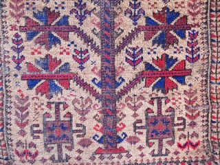 Baluch prayer rug - 4.9 x 3.2, interesting lower border, kilim bands mostly there, crude side cord repair, oxidation, nice field design elements. In need of cleaning.      