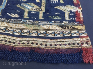 Two extremely rare Azeri Verneh horse cover fragments. Cm 36x43 and 39x44. Datable to third quarter of 19th century, but, could be even older. Warp is indigo blue and madder red. Pattern  ...