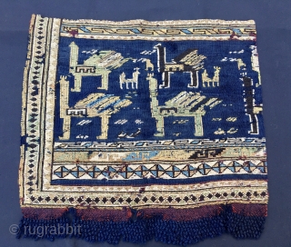 Two extremely rare Azeri Verneh horse cover fragments. Cm 36x43 and 39x44. Datable to third quarter of 19th century, but, could be even older. Warp is indigo blue and madder red. Pattern  ...