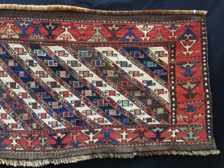 This is a Moghan Shahsavan Sumack mafrash side or long panel. Size is cm 45x100 ca. Datable 100 to 120 years. The Shahsavan love to use the moharamat pattern, in stripes, in  ...