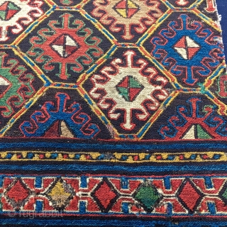 Shahsavan sumack mafrash panel. Cm 44x46. Imho 1840/1860. Deeply saturated colors, see the yellows, see the greens....etc….. Simple but sophisticated design. See the details,  the back...! Simply wonderful. One of the  ...