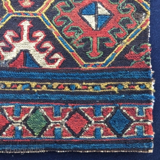 Shahsavan sumack mafrash panel. Cm 44x46. Imho 1840/1860. Deeply saturated colors, see the yellows, see the greens....etc….. Simple but sophisticated design. See the details,  the back...! Simply wonderful. One of the  ...