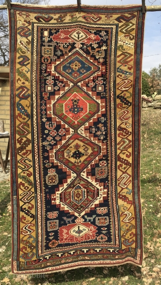 Shirwan Shah Nazar great, colorful, antique rug. Cm 120x220 ca. Late 19th century. Amazing, rare example of this type. Lovely pattern, wonderful border.In great condition. No restorations, no tears, no holes, no  ...
