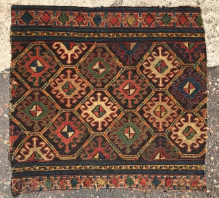 Shahsavan sumack mafrash end panel. Cm 44x46. Imho 1840/1860. Deeply saturated colors, see the yellows, see the greens....etc….. Simple but sophisticated design. See the details, the back...! Simply wonderful. One of the  ...
