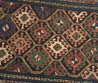 Shahsavan sumack mafrash end panel. Cm 44x46. Imho 1840/1860. Deeply saturated colors, see the yellows, see the greens....etc….. Simple but sophisticated design. See the details, the back...! Simply wonderful. One of the  ...