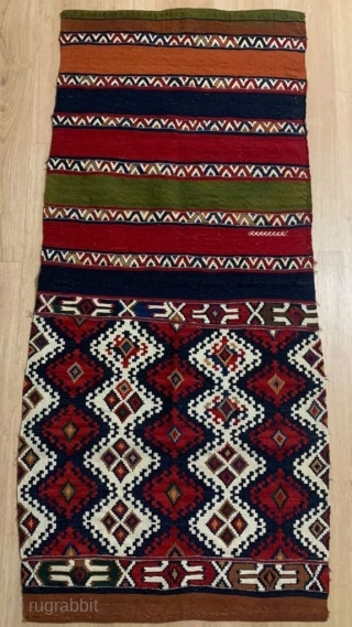 Malatya area, Sinanli tribal group flat weave bag. Size is cm 75x158 open and 75x78 closed. Datable end of 19th century. Wonderful colors with never seen so much cochineal. Colors are deep,  ...