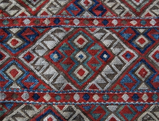 Caucasian Sumack Mafrash Long Panel. Cm 35x92. 3rd/4th q 19th c. Could be Azeri? Shahsavan? Very fine & tight work. Great colors: greens, blues, red, brown…Might ne another good wash.   
