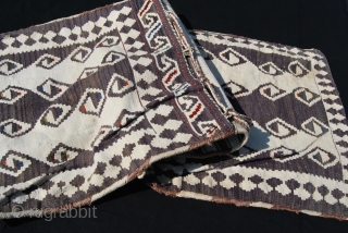 Shahsavan Modern Art. - Shahsavan Moghan khorjin. Cm 42x120 ca. Late 19th or early 20th c. Wool & cotton. Positive/negative dragon. simple, abstract, very minimalistic design. Except for two tiny stains, it's  ...