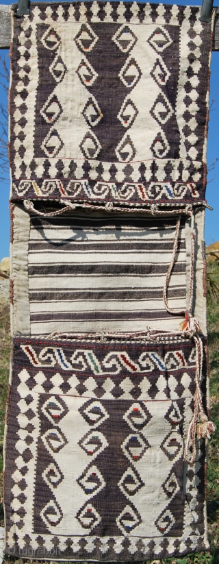 Shahsavan Modern Art. - Shahsavan Moghan khorjin. Cm 42x120 ca. Late 19th or early 20th c. Wool & cotton. Positive/negative dragon. simple, abstract, very minimalistic design. Except for two tiny stains, it's  ...