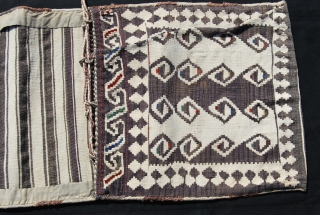 Shahsavan Modern Art. - Shahsavan Moghan khorjin. Cm 42x120 ca. Late 19th or early 20th c. Wool & cotton. Positive/negative dragon. simple, abstract, very minimalistic design. Except for two tiny stains, it's  ...