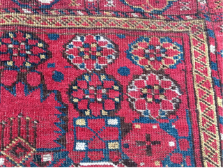 Turkmen Beshir rug. Cm 110x212. Late 19th century. Good cond. Very nice, rare medium size. Seven colors: 3/4 shades of madder red, yellow, light and dark indigo blue, green, 2 browns, white  ...