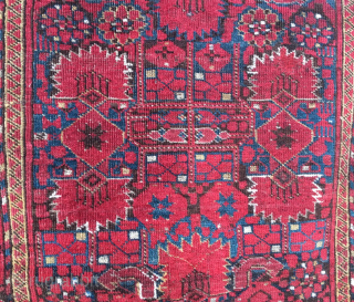 Turkmen Beshir rug. Cm 110x212. Late 19th century. Good cond. Very nice, rare medium size. Seven colors: 3/4 shades of madder red, yellow, light and dark indigo blue, green, 2 browns, white  ...