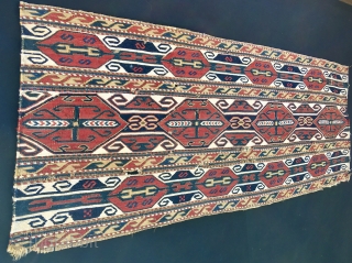 Karabagh or Shahsavan?! Awesome mafrash/bedding bed side panel. Cm 38x98. Second half 19th century. Very fine weave, wool & cotton, lovely, deep saturated colors, reds and blues and yellows, great pattern with  ...