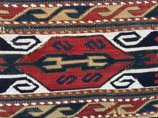 Karabagh or Shahsavan?! Awesome mafrash/bedding bed side panel. Cm 38x98. Second half 19th century. Very fine weave, wool & cotton, lovely, deep saturated colors, reds and blues and yellows, great pattern with  ...